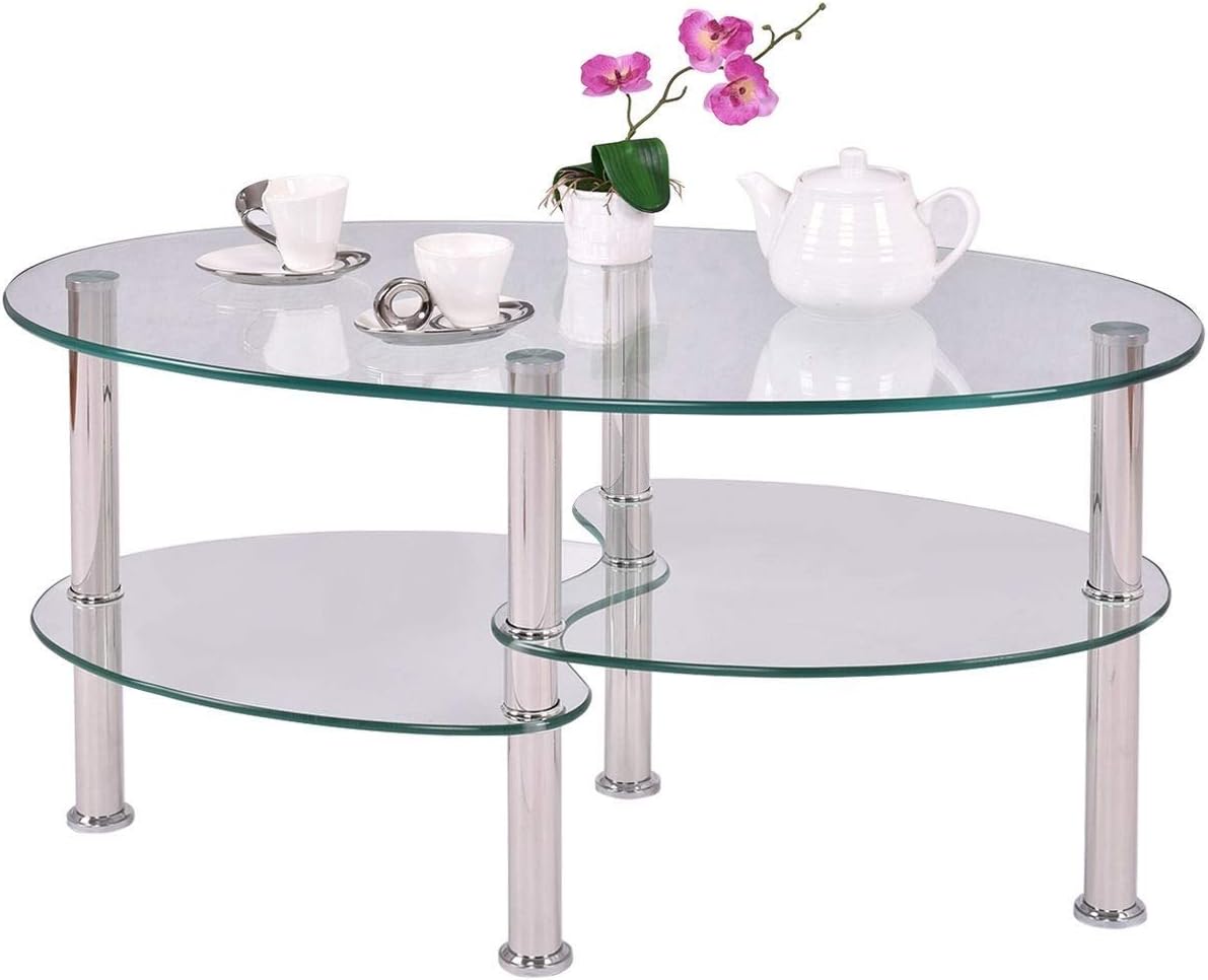 Modern Oval Tempered Glass Coffee Table with Bottom Shelf