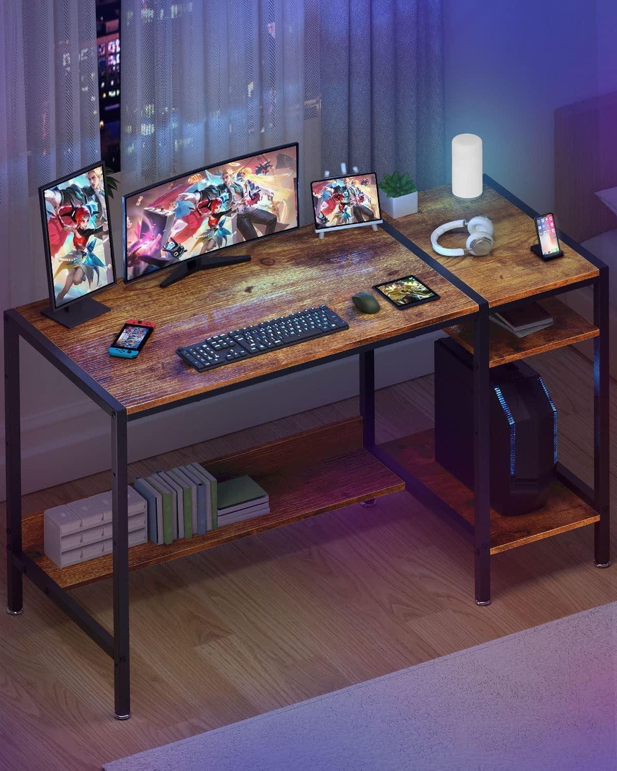 Computer Desk - 39” Gaming Desk, Home Office Desk with Storage, Small Desk with Monitor Stand, Rustic Writing Desk for 2 Monitors, Adjustable Storage Space