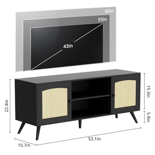 Brown Rattan TV Stand for 60 Inch TV, Wooden Mid Century Modern Entertainment Center with Natural Rattan Door, Boho Media TV Console for Living Room
