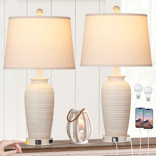 Farmhouse Jar Table Lamps Set of 2, 3 Way Touch Control Rustic Bedside Lamps with USB A+C Ports & AC Outlet, 25
