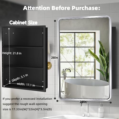 Movo Medicine Cabinet with Mirror, 20x28 Inch Farmhouse Metal Framed Rectangle Bathroom Mirror Cabinet, Recess or Surface Mount Installation Chrome