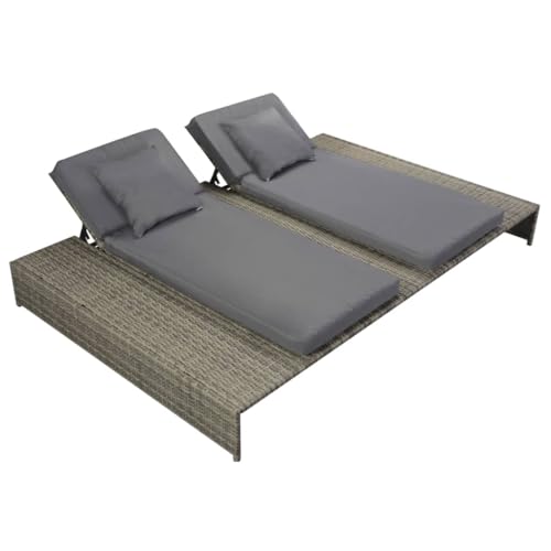Double Sun Lounger with Cushion Poly Rattan Gray,Comfortable Outdoor Double Rattan Sun Lounger with Adjustable Backrest for Patio and Garden Outdoor Furniture