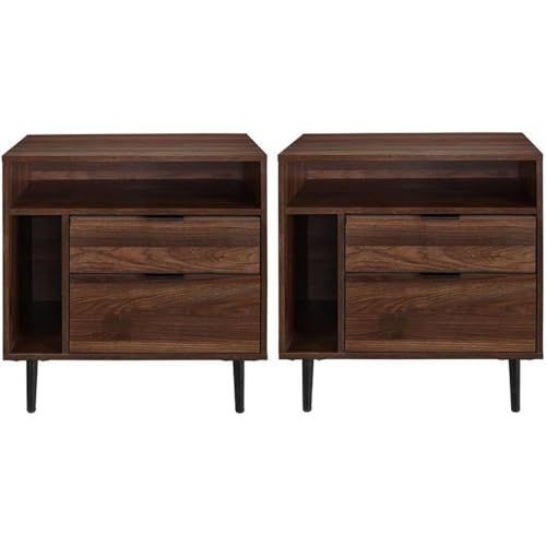 Walker Edison Ashton 2-Piece Contemorary Metal and Wood 2-Drawer Nighstands with Magazine Storage, Set of 2, Dark Walnut