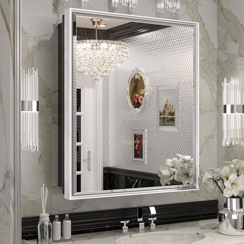 Keonjinn 24” x 30” Brushed Nickel Bathroom Medicine Cabinets with Mirror, Recessed or Surface Wall-Mounted Aluminum Alloy Framed Beveled Bathroom Mirror, Silver Bathroom Mirror with Storage Cabinet