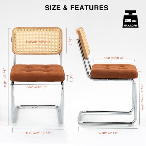 Ely Orange Dining Chairs Set of 2, Mid-Century Modern Velvet Rattan Back Table Chairs, Upholstery Kitchen Chairs with Silver Chromed Sled Base, Cane Back Accent Chair for Bedroom, Orange