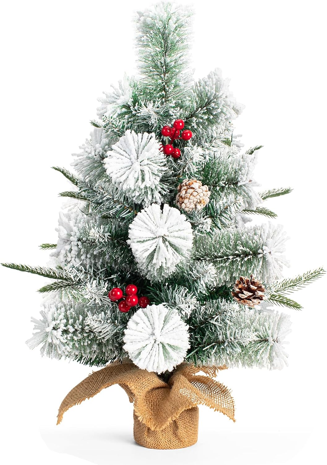 Small Christmas Tree Flocked Artificial Tree 24 inches with Pine Cones and red Berries, Suitable for Tabletop