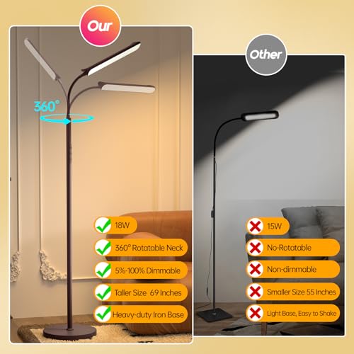 LED Floor Lamp, 18W Super Bright Floor Lamp for Living Room, Adjustable Stepless Colors & Brightness Gooseneck Standing Lamp, Eye Caring Reading Light with Remote& Touch Control for Bedroom Office