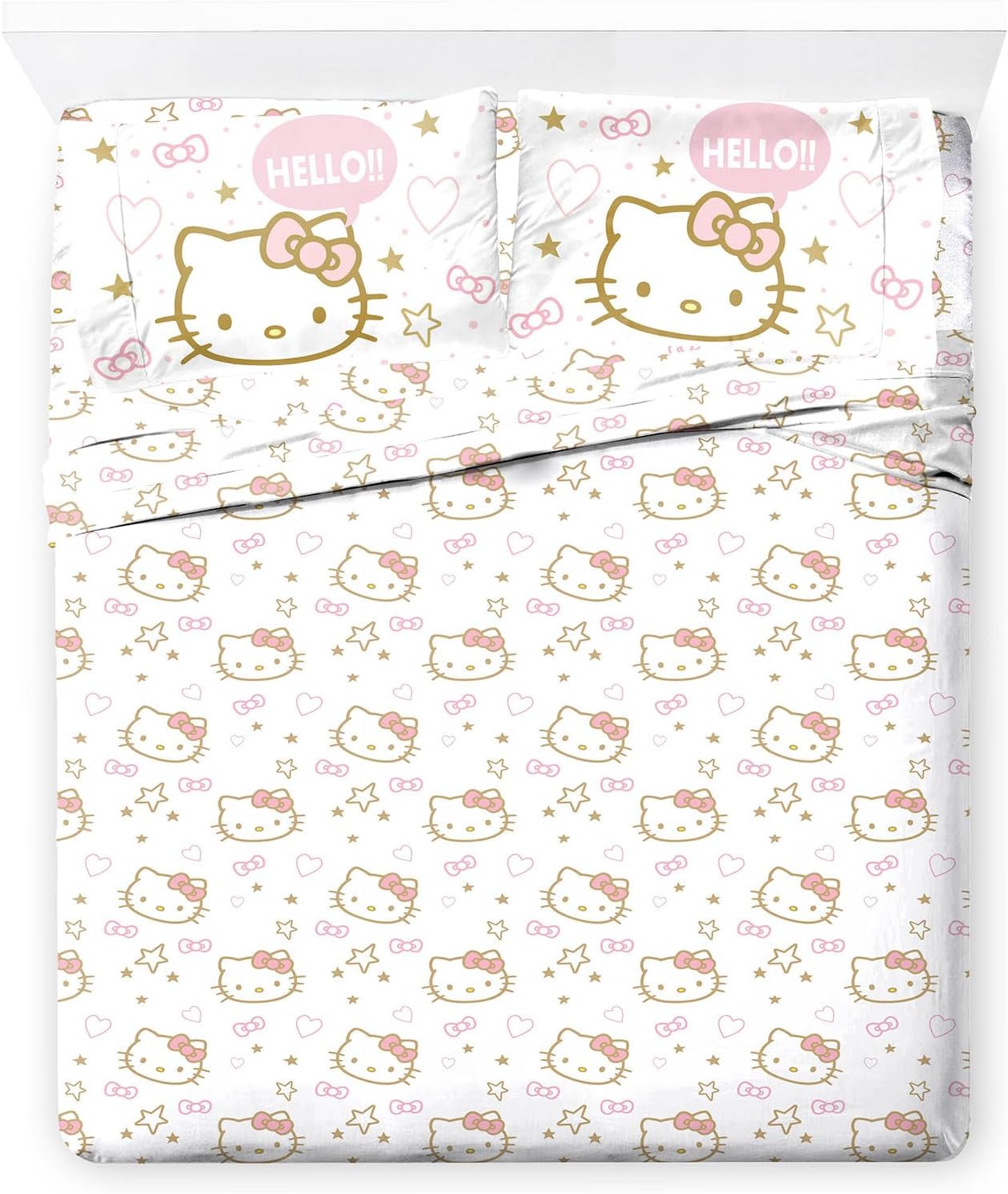 Jay Franco Hello Kitty Full Size Sheet Set - Super Soft 4 Piece Stars & Hearts Bedding Set - Microfiber Sheets includes Reversible Pillow Covers