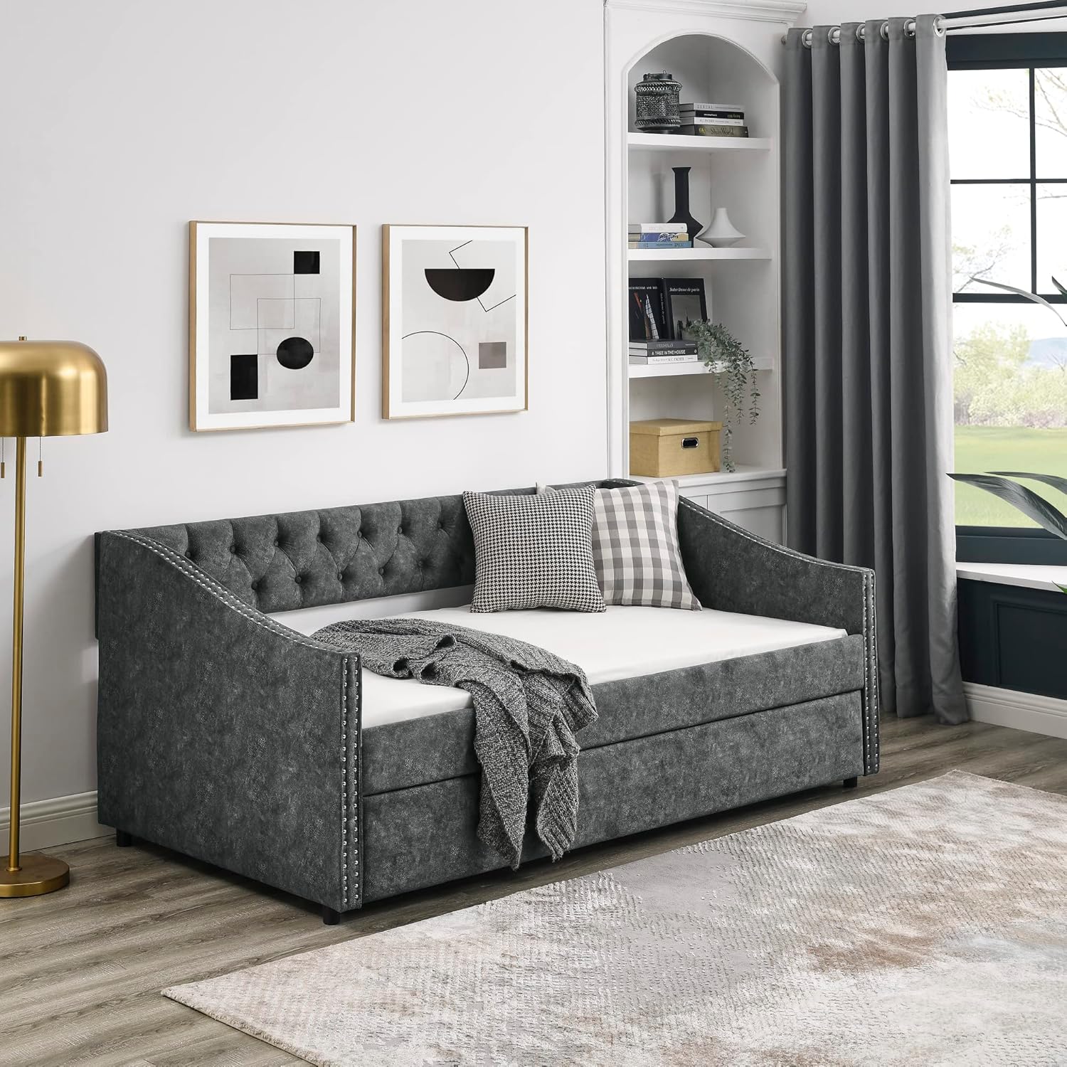 Twin Size Tufted Daybed with Twin-Size Trundle, Upholstered Sofa Bed, Wooden Couch with Button on Back and Copper Nail on Waved Shape Arms, for Bedroom, Living Room, Gray