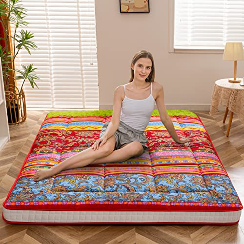 MAXYOYO Navy Star Futon Mattress, Padded Japanese Floor Mattress Quilted Bed Mattress Topper, Extra Thick Folding Sleeping Pad Breathable Floor Lounger Guest Bed for Camping Couch, Queen