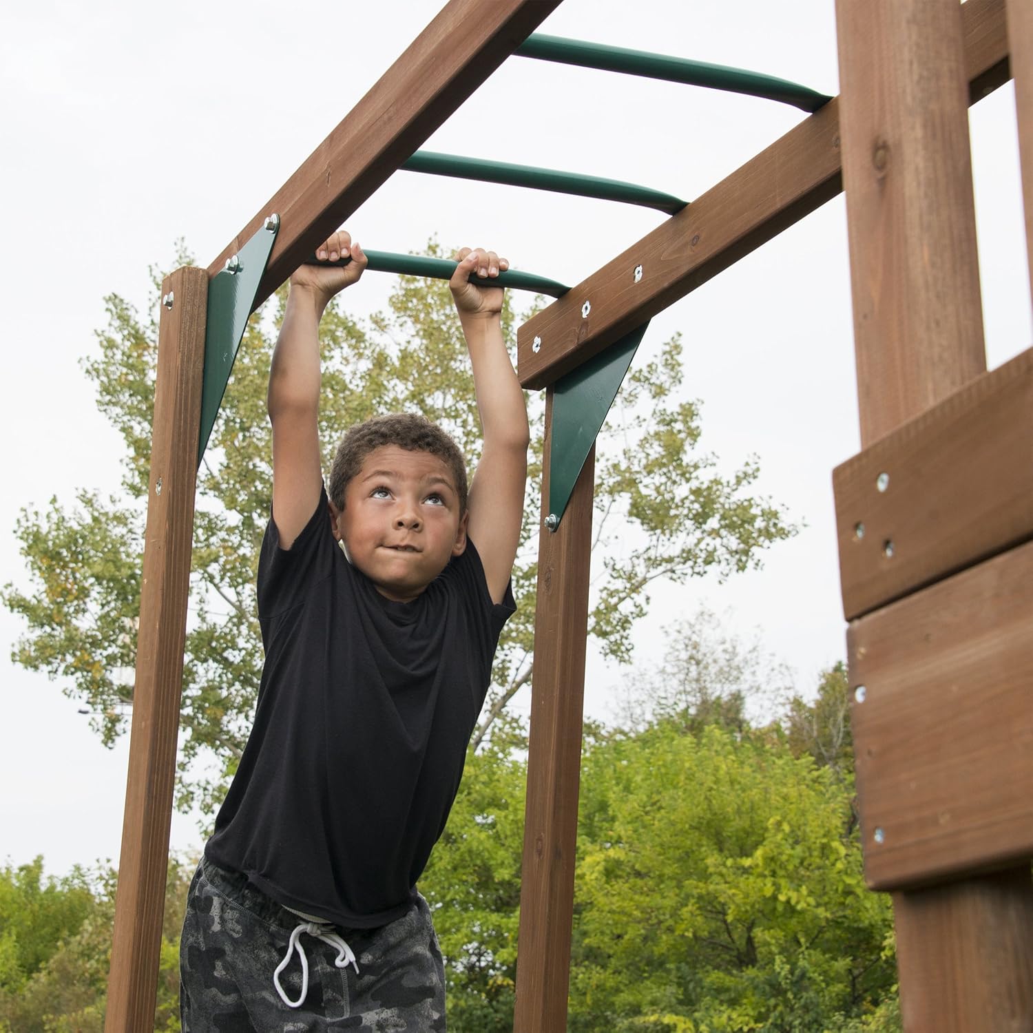 Swing-N-Slide WS 8356 Wooden Timberview Play Set with Two Slides, Monkey Bars, Wood Roof, Climbing Wall and Swings, Wood , Brown