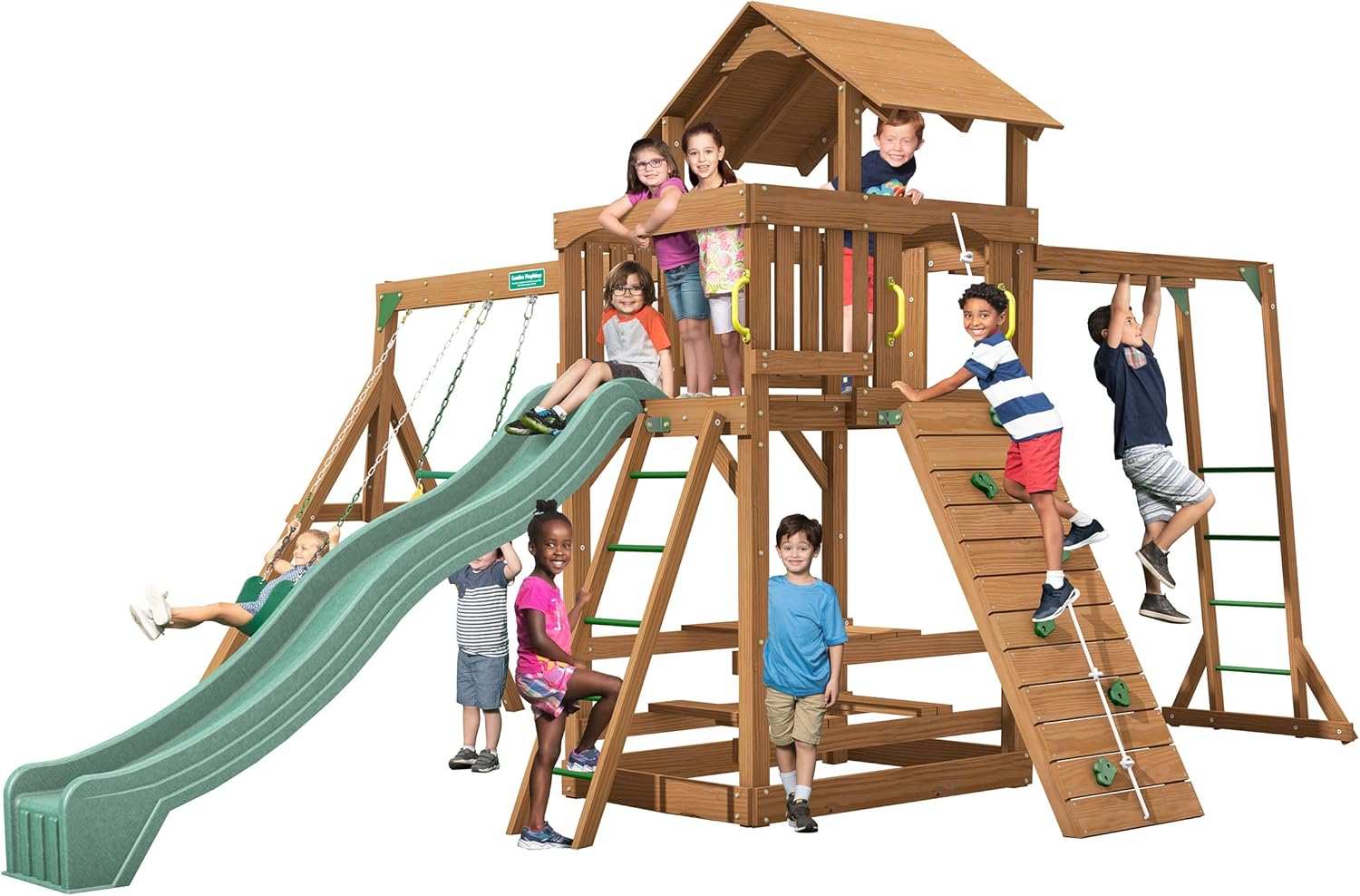 Creative Playthings Spring Hill Wooden Swing Set with Monkey Bars (Made in The USA), includes Kids Climbing Wall, Monkey Bars, Playground Swings and Slide,15 x 20 x 11 ft