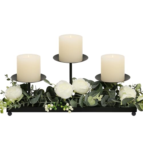 Candelabra Fireplace Candle Holder for Inside Fireplace,Gold Metal 3 Wick Candle Stand Pillar Candle Holders with Tray,Floor Table Mantel Centerpiece