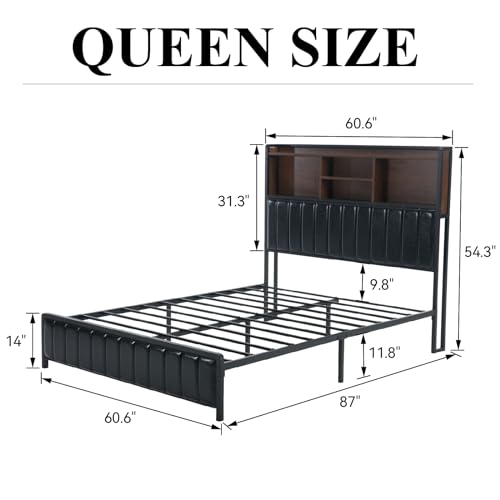Queen Size LED Bed Frame with Storage Headboard & Footboard, Upholstered Platform Bed with USB Ports & Outlets, Easy Assembly, Vintage Brown & Black
