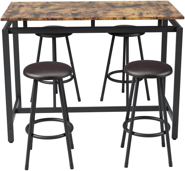 Bar Table and 4 Chairs Set Industrial Counter Height Pub Table with Bar 5 Pieces Dining Set Home Kitchen Breakfast, PU Upholstered Stools with Backrest, Rustic Brown