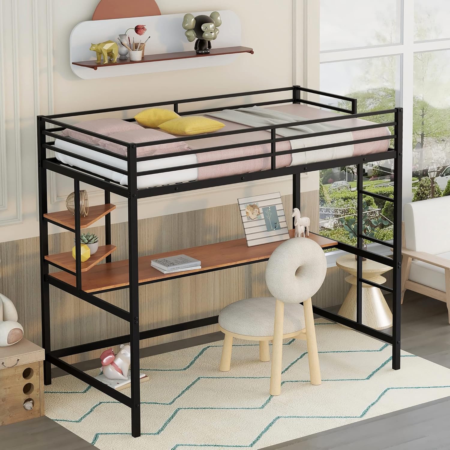 Twin Metal Loft Bed with Desk and Shelves, for Kids Teens Adults, Black