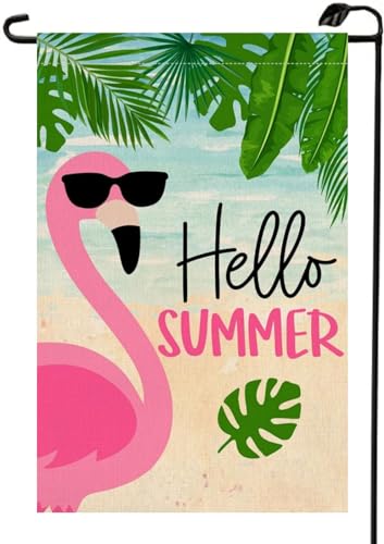 Hello Summer Flamingo Garden Flag 12x18 Inch Double Sided Tropical Leaves Beach Holiday Lake House Decor Outside Decorations For Yard XJ53