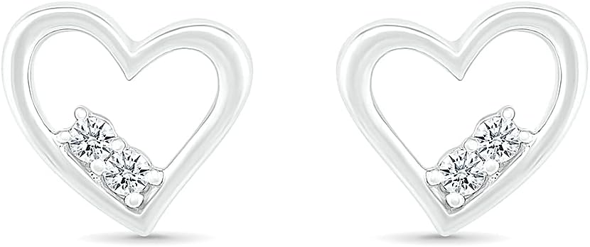 DGOLD Sterling Silver Round White Diamond Two Stone Heart Stud Earrings for Women (1/10 cttw)