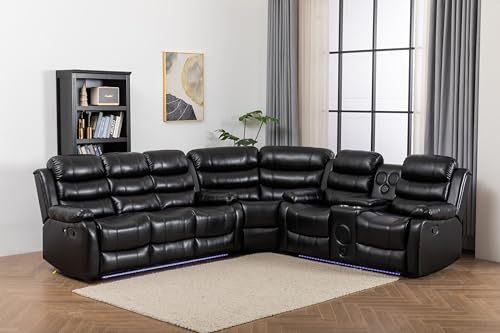 Faux Leather Living Room Set Modern Reclining Sectional Sofa with LED Light, USB Chargers, Sound System, 4Cup Holders, Hidden Storage,Grey