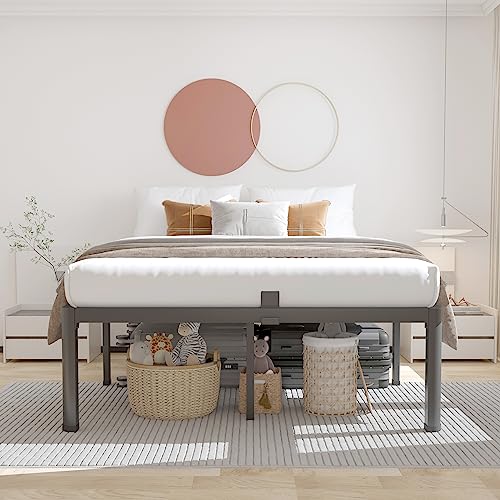 ROIL 12 inch California King Size Bed Frame Metal Platform No Box Spring Needed with Headboard Hole Round Corner Legs Mattress Retainers 3500LBS Heavy Duty Steel Slats Noise-Free Storage