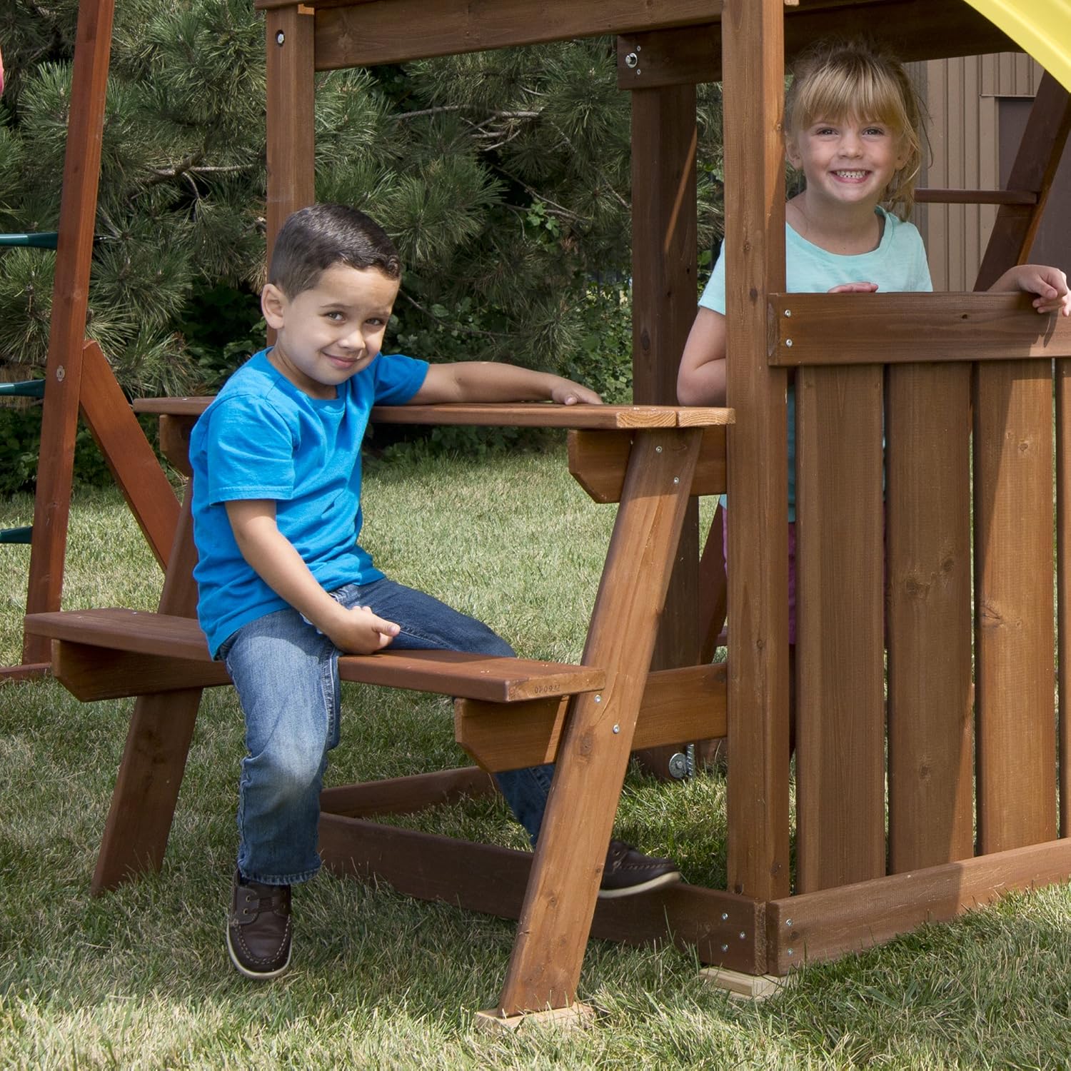 Swing-N-Slide Chesapeake Wood Complete Play Set with Two Swings, Monkey Bars, Slide, Climbing Wall and Picnic Table , Brown