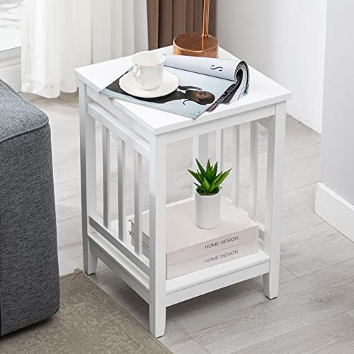 DUHOME Farmhouse End Table, Wood Side Table with Storage Shelf Bedside Nightstand Square Sofa Table for Living Room Bedroom, White