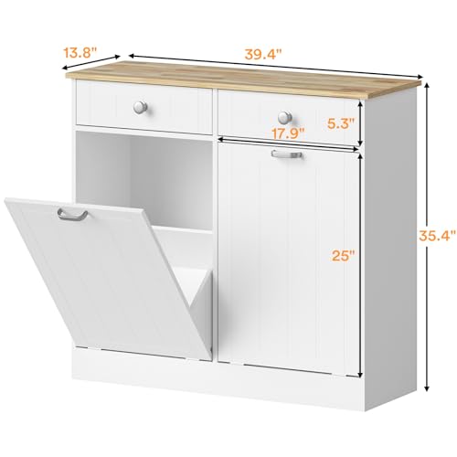 Single Tilt Out Trash Cabinet with Storage Drawer Multifunctional Hidden Garbage Can for Kitchen, Bathroom, Laundry and Living Room, White