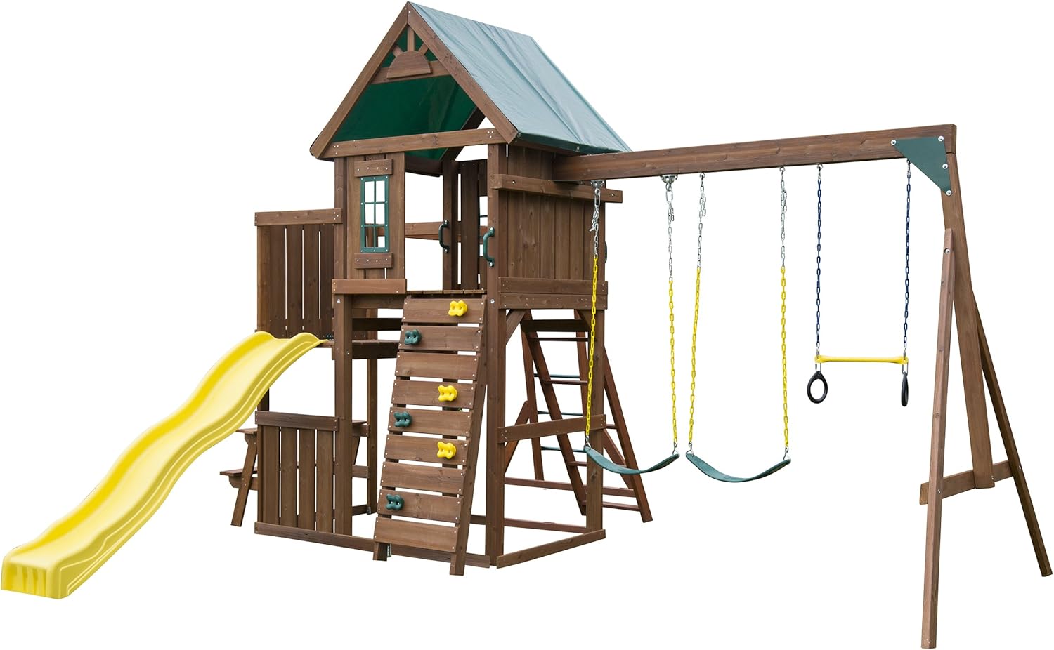 Swing-N-Slide Chesapeake Wood Complete Play Set with Two Swings, Monkey Bars, Slide, Climbing Wall and Picnic Table , Brown