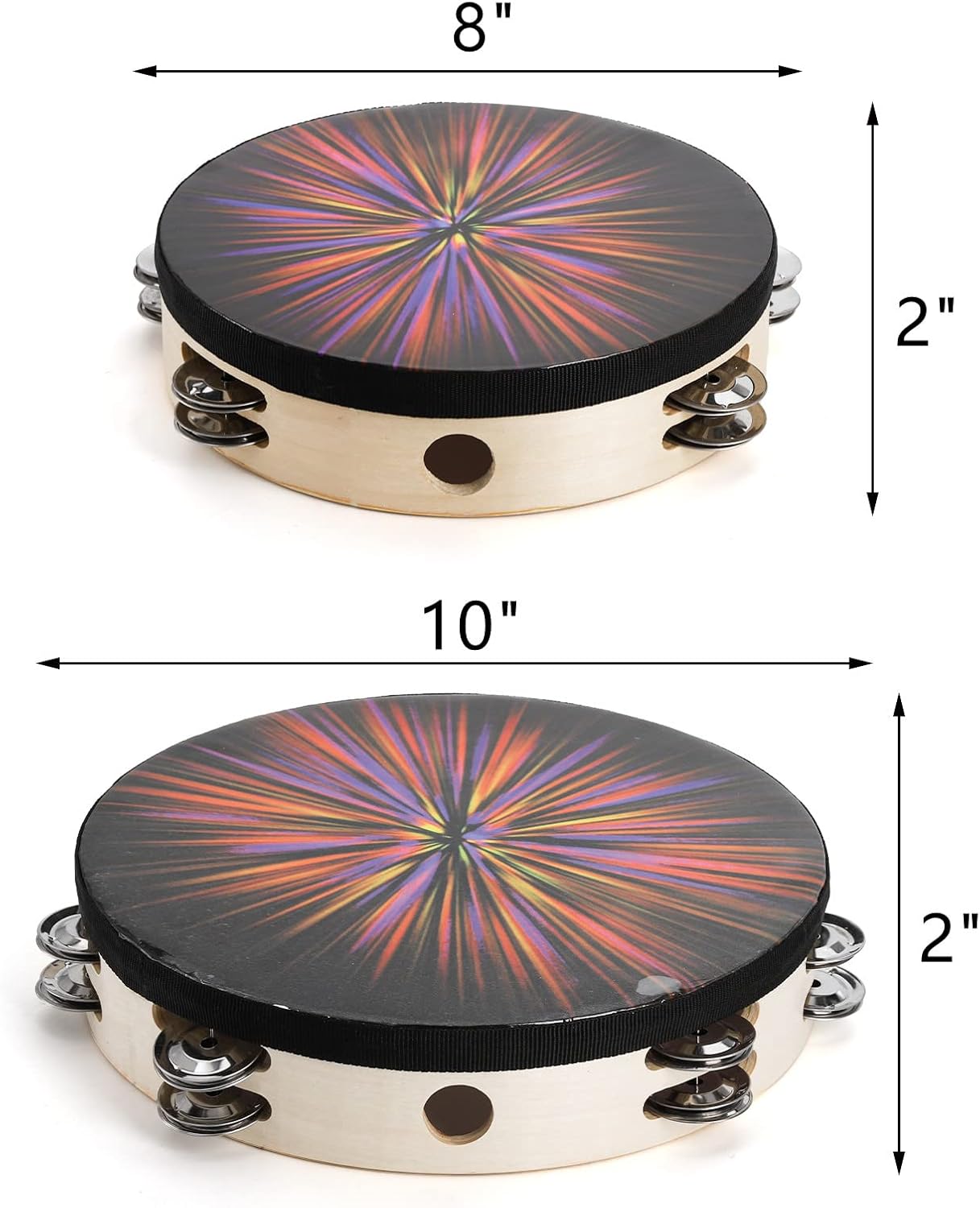 ZEAYEA 2 Pack Radiant Tambourine, 8 Inch 10 Inch Double Row Jingle Tambourine for Kids Adults Church, Hand Held Drums Percussion, Musical Educational Drum Instrument for Games, Party