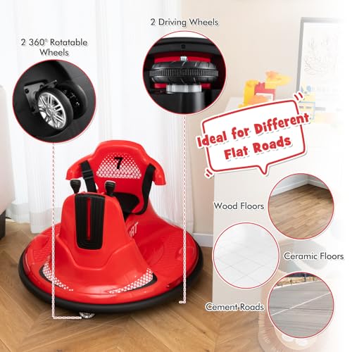 Costzon 12V Kids Ride On Bumper Car, Electric Bumper Car w/Dual Joysticks, Remote Control, 360° Spin, Slow Start Function, LED Lights & Fun Music, Adjustable Safety Belt, Soft Bumper (Blue)