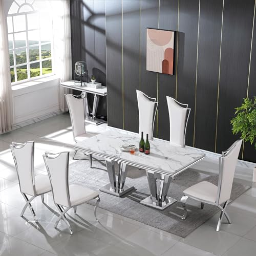 Goujxcy White Marble Dining Table Luxury Faux Marble Kitchen Table with Silver Mirrored Finish Stainless Steel Legs,70