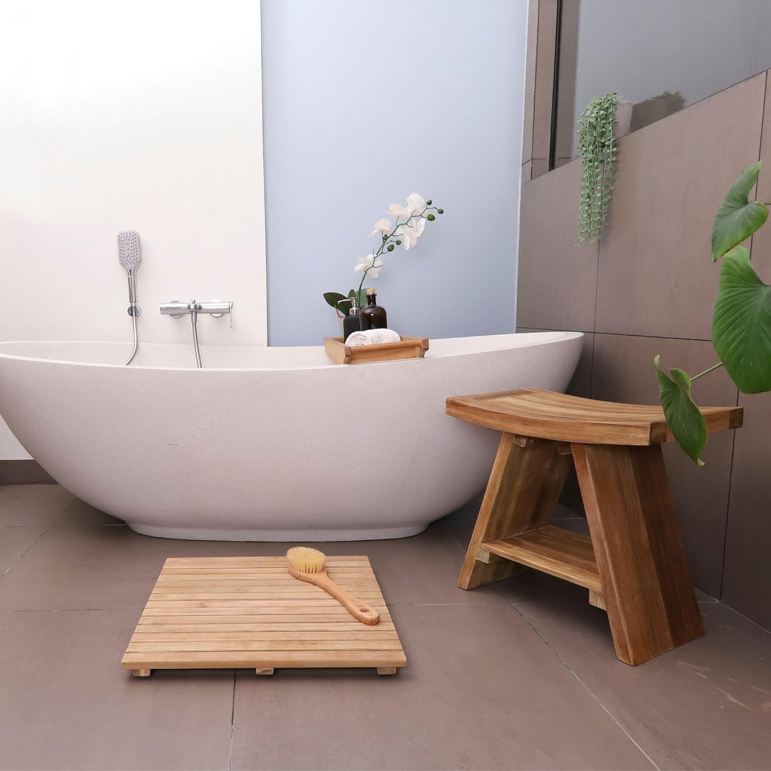 NORDIC STYLE TEAK Shower and Bath Stool, Teak Wood Shower Bench, Indoor and Outdoor Use 17.7