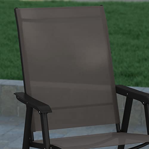 EMMA + OLIVER Priya Folding Patio Chair - Black Metal Frame - Brown Textilene Sling Style Seat - 352 lbs. Static Weight Capacity