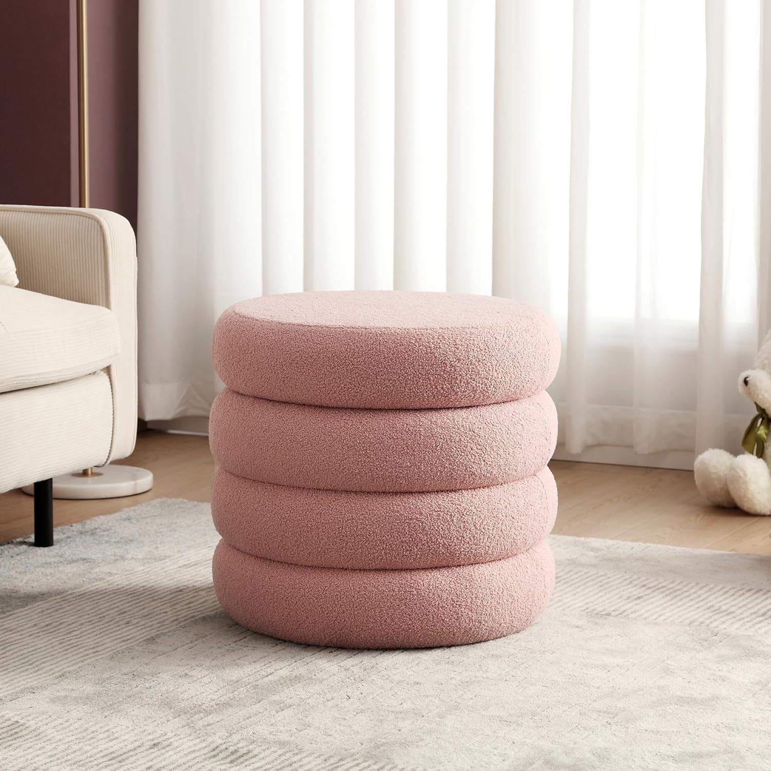 Modern Round Storage Ottoman Coffee Table Boucle Fabric, Large Sherpa Ottoman Footstool with Stripe Line, Pink Vanity Stool with Storage for Bedroom Living Room Dorm
