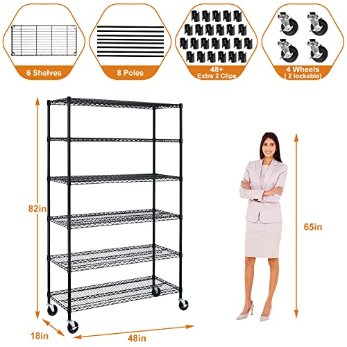 6 Tier Wire Shelving Unit, 2100 LBS NSF Height Adjustable Metal Garage Storage Shelves with Wheels, 18