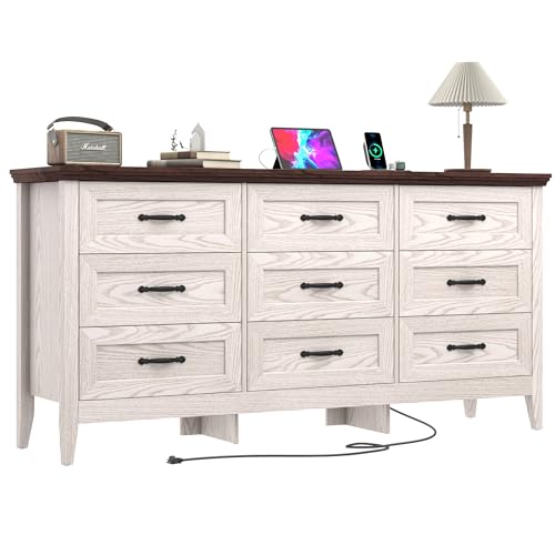 Farmhouse 9 Drawers Dresser, Wood Dresser for Bedroom Wide Chest of Drawers, French Country Storage Double Dressers Organizer for Bedroom, Living Room, Nursery(Black)