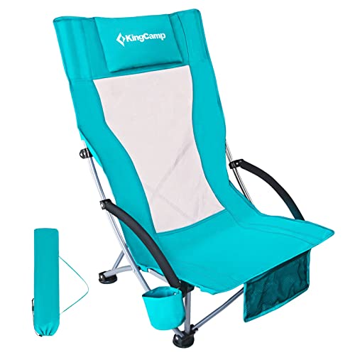KingCamp Beach Chair for Adults Folding Portable Lightweight Backpack with Cup Holder Carry Bag for Outdoor Camping Concert Festival Travel Sports Lawn Sand, Oversized, Cyan-Low Back
