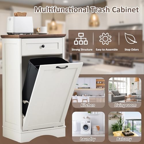 AHB 13 Gallons Tilt Out Trash Cabinet Free Standing Kitchen Trash Cabinet Recycling Garbage Cabinet with Hideaway Drawer Pet Proof Trash Can Holder for Kitchen Living Room, White