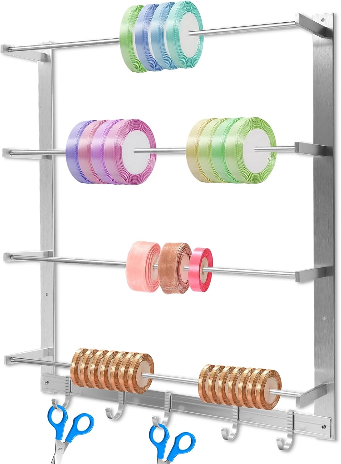 4-Tier Ribbon Wall Holder, Ribbon Wall Rack with Sliding Hooks, Wall Mounted Ribbon Organizer, Sewing Thread Wall Holder, Metal Wall Rack for Wire Spools, Fabric, Scarves, Belts, Towels