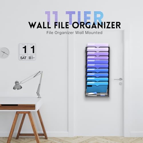 DALTACK 11 Tier Wall File Holder, Wall Mount Hanging File Organizer, for Papers Mails Folders Clipboard Magazine, Office Cubicle Home Organization & Storage, Assembly Needed, Metal Black, 2 Pack