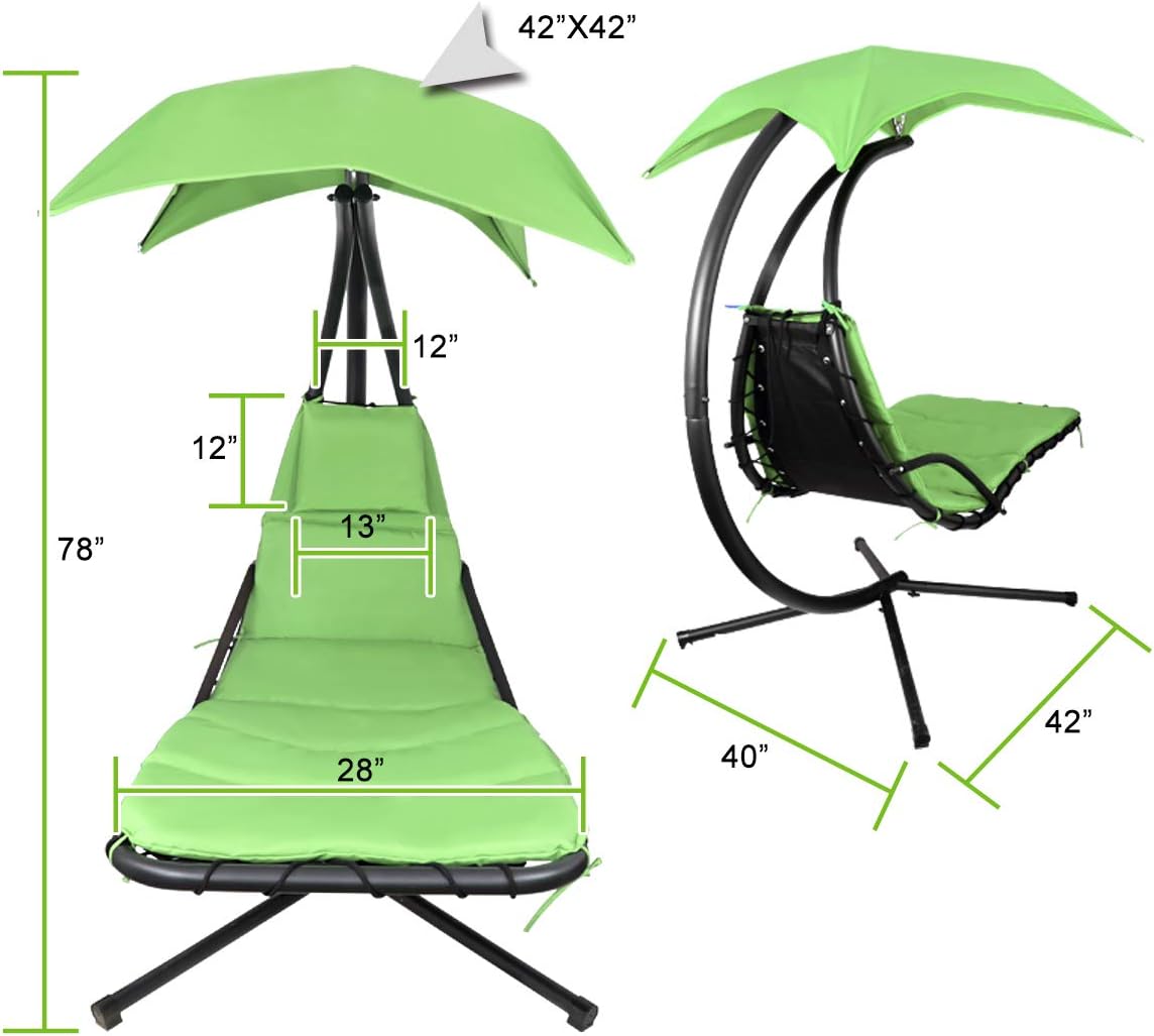 2X Patio Hanging Chaise Outdoor Lounger Padded Cushion Swing Hammock Chair w/Sun Shade Canopy Umbrella Stand [Green]