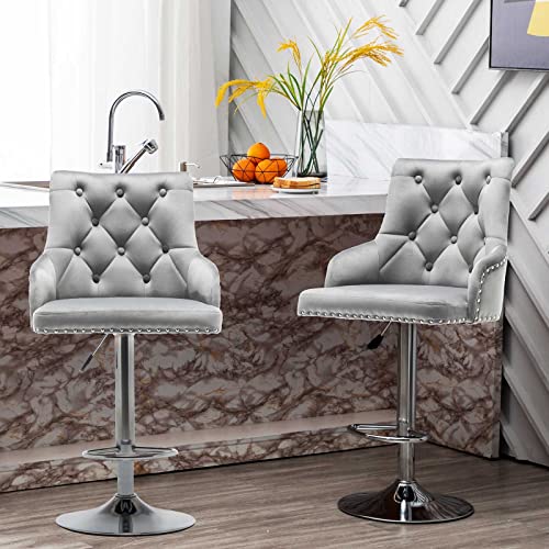 Bar Stool Set of 2 Velvet Adjustable with Tufted Backrest, Counter Height Swivel Stool Upholstered Modern Barstool Chair Chrome Base for Kitchen, Home Bar, Dining Room, (grey)