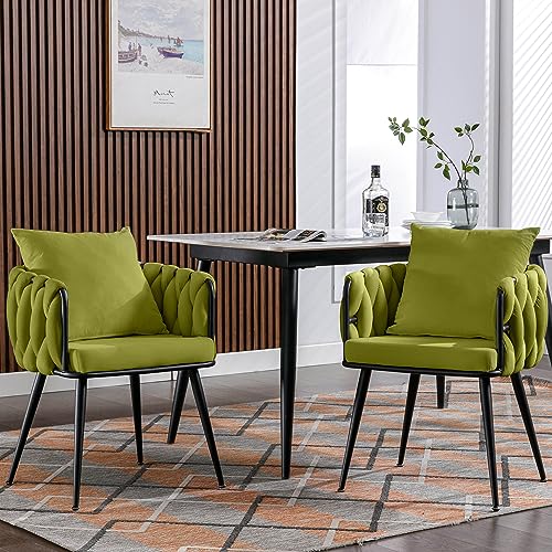 Warmiehomy Modern Velvet Upholstered Dining Chairs Set of 2, Kitchen Chairs with Pillow, Mid Back Vanity Chair with Black Metal Legs, Woven Arm Chairs for Kitchen Living Room Bedroom,Beige