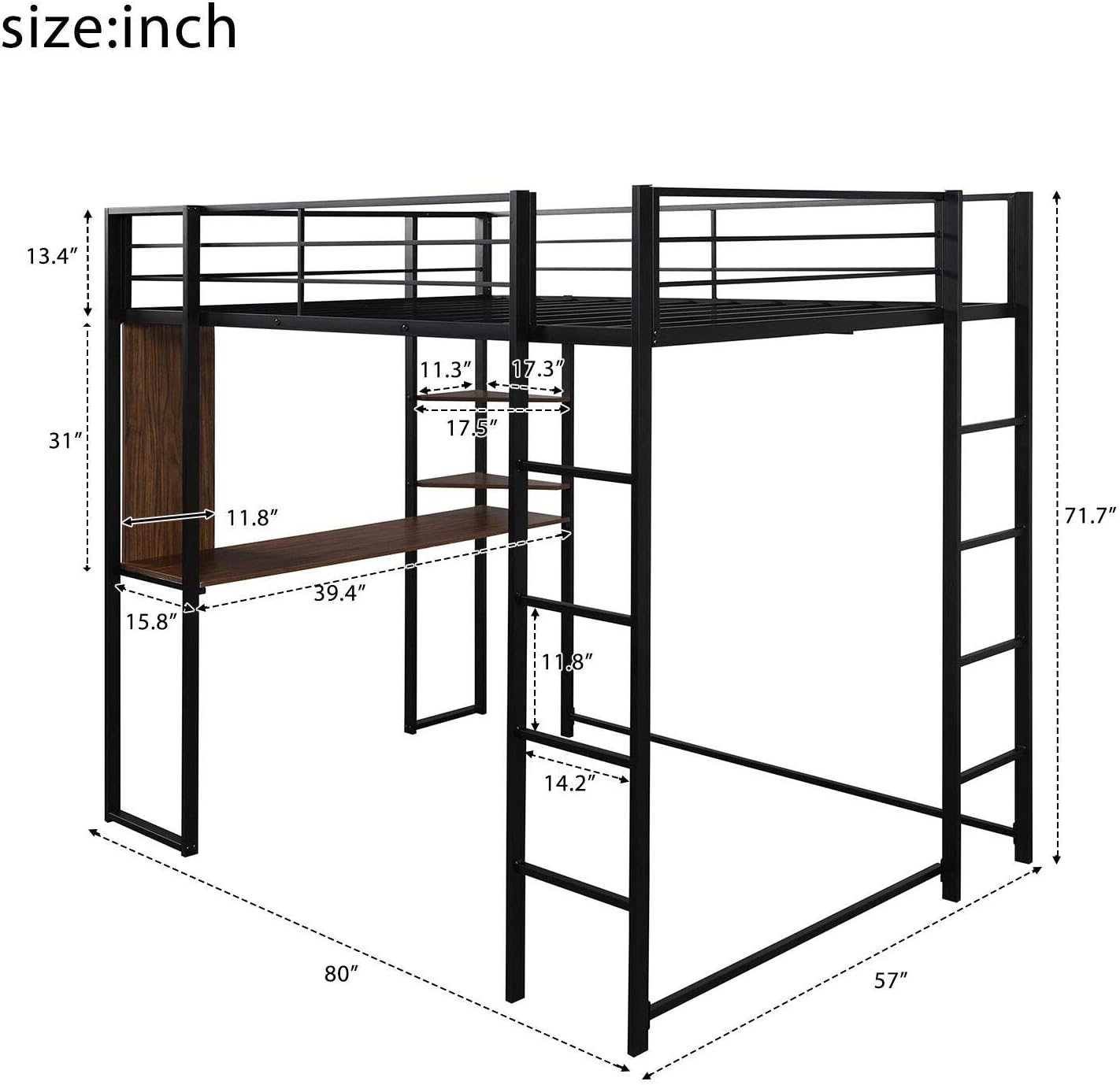 Full Size Metal Loft Bed with 2 Shelves and One Desk,Black