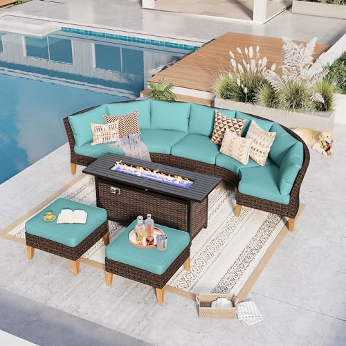 GREEN PARTY 8 Pieces Wicker Patio Furniture Set, All-Weather Outdoor Rattan Half-Moon Curved Patio Sectional Sofa Conversation Set with 4