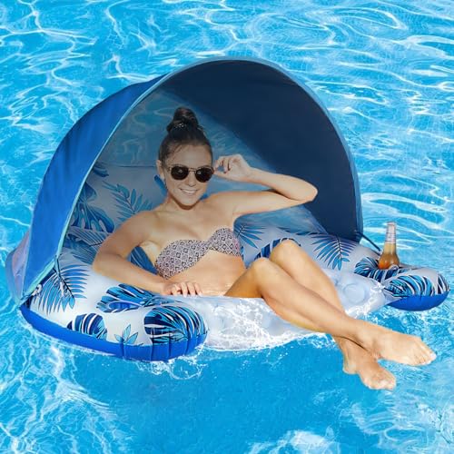 Pool Float with Canopy, Cup Holder - XL Pool Chair Lounge Float with Adjustable Sun Shade Cover, Drink Holder, Ergonomic Headrest,Inflatable Pool Float for Adults