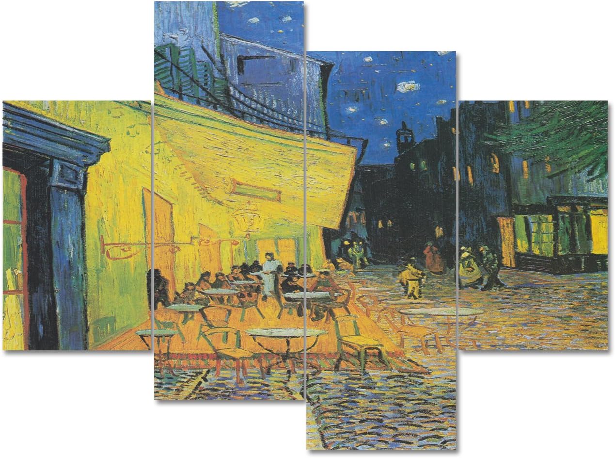 Yatsen Bridge Large Painting Canvas Prints Cafe Terrace at Night by Vincent Van Gogh Wall Art for Living Room Bedroom Home Decor 4 Panels Artwork Set Framed Ready to Hang (48x36inch)