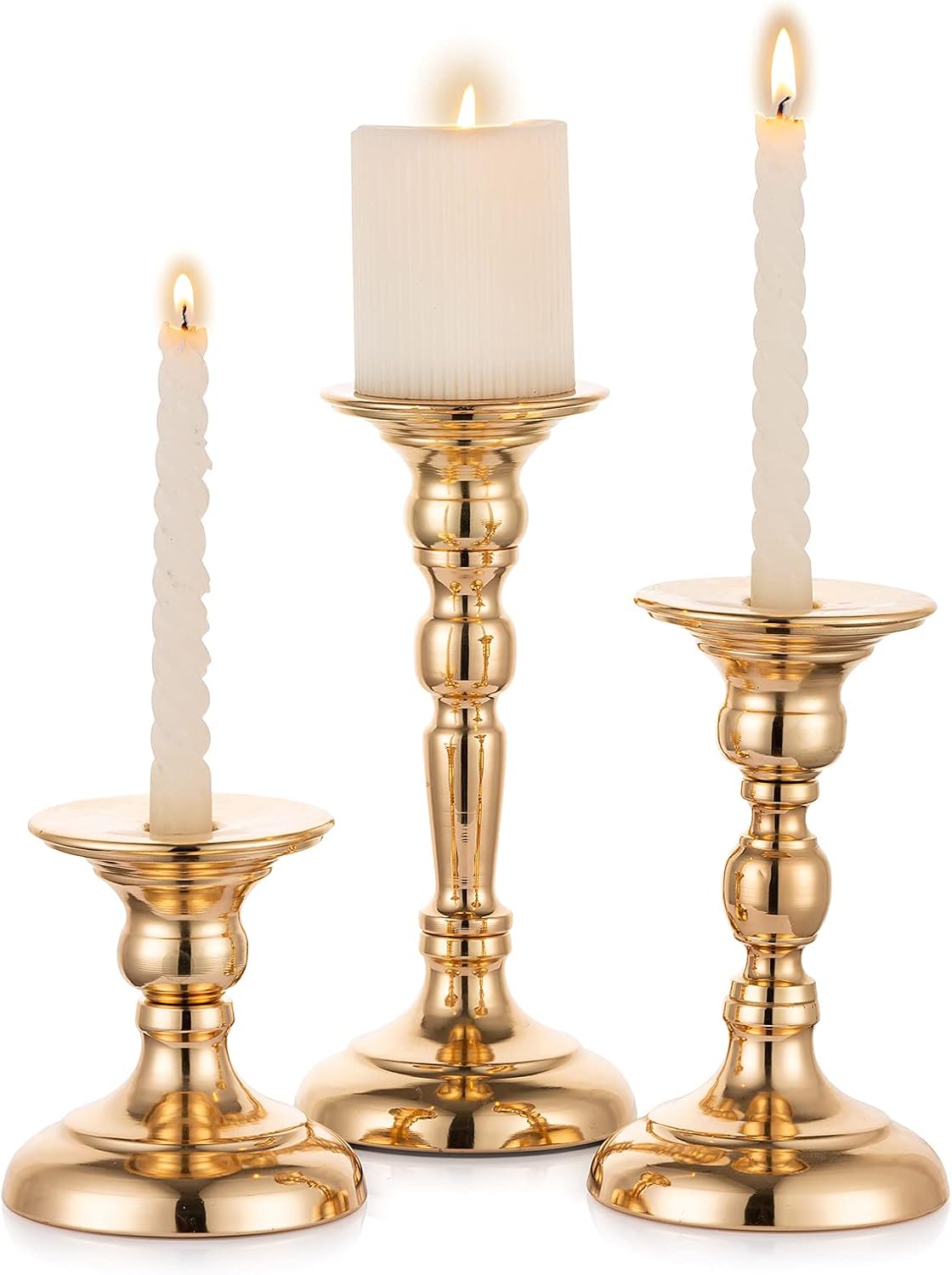 Sziqiqi Gold Candle Holders for Pillar Candles Candlestick Holders Set of 3 Taper Candle Holder for Coffee Table Decor Wedding Decorations Centerpiece