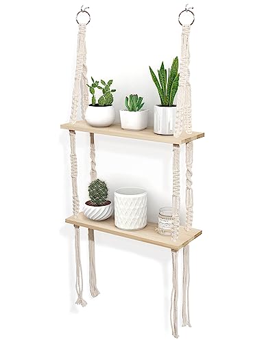 Macrame Hanging Shelves 2 Tier, Natural Wood Farmhouse Window Plant Shelves Boho Wall Shelf with Hooks & Hardwares for Bedroom Bathroom Kitchen Living Room