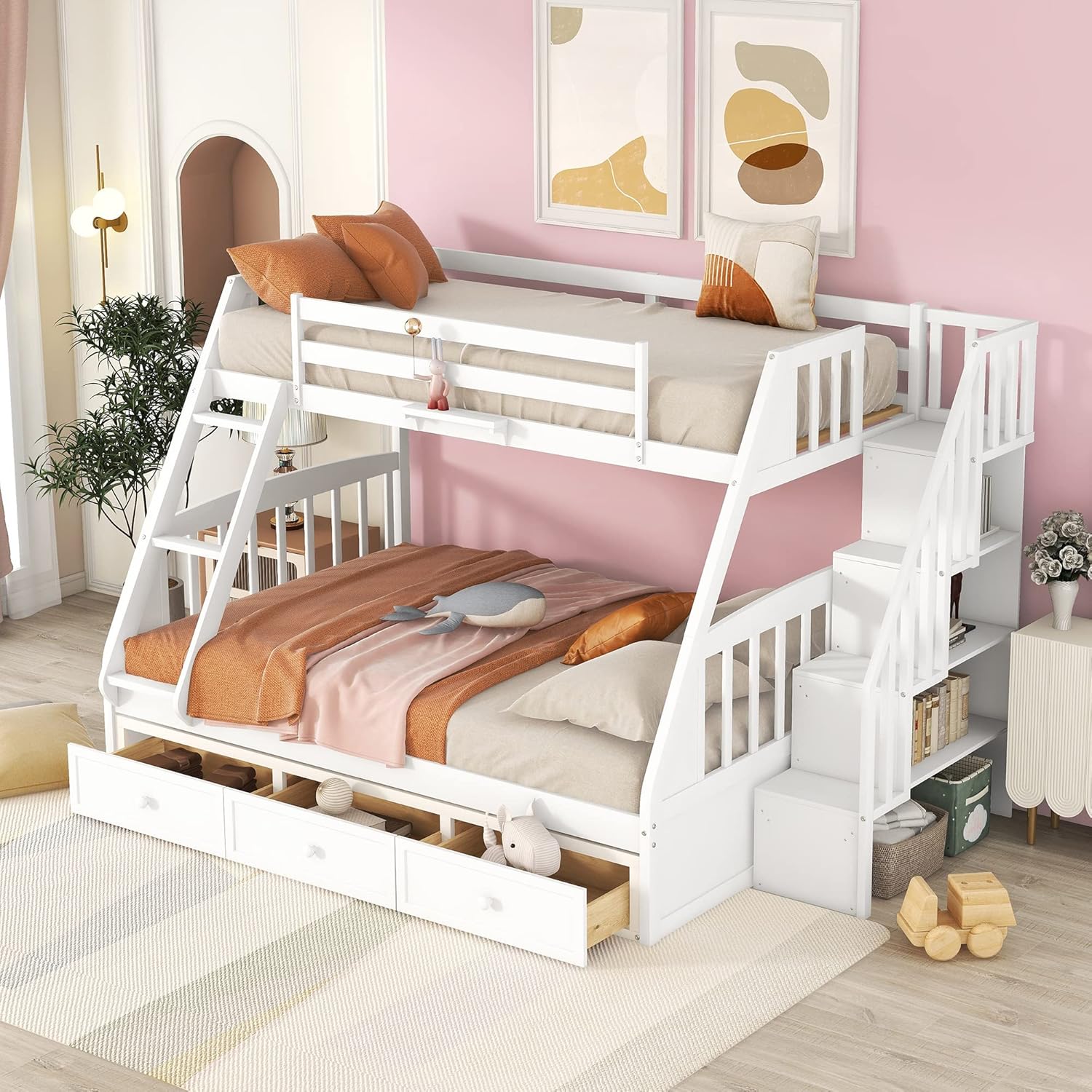 Bellemave Twin Over Full Bunk Bed with Stairs and Storage Drawers, Wood Bunk Bed Frame with Three Drawers and Shelves, Modern Detachable Bunked Frame for Kids Boys Girls Teens, White